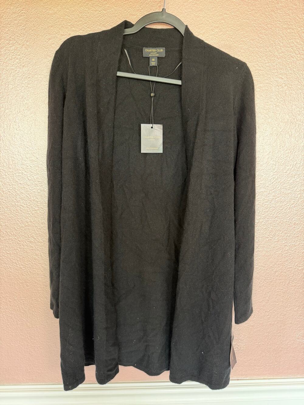 Charter Club NWT XS Black 100% Cashmere Open Front Long Cardigan Leaf Knit